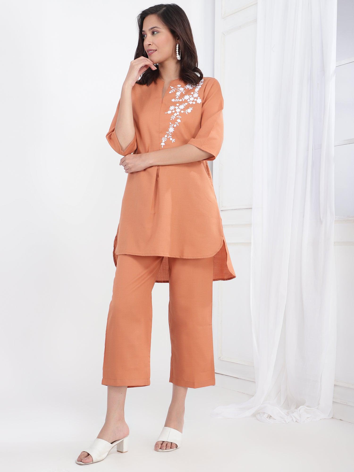 Embroidered V Neck Tunic With Trousers Co-Ords